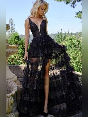 Jovani 22904 Black Tiered Sheer Evening Dress with Deep V-Neck Size 0